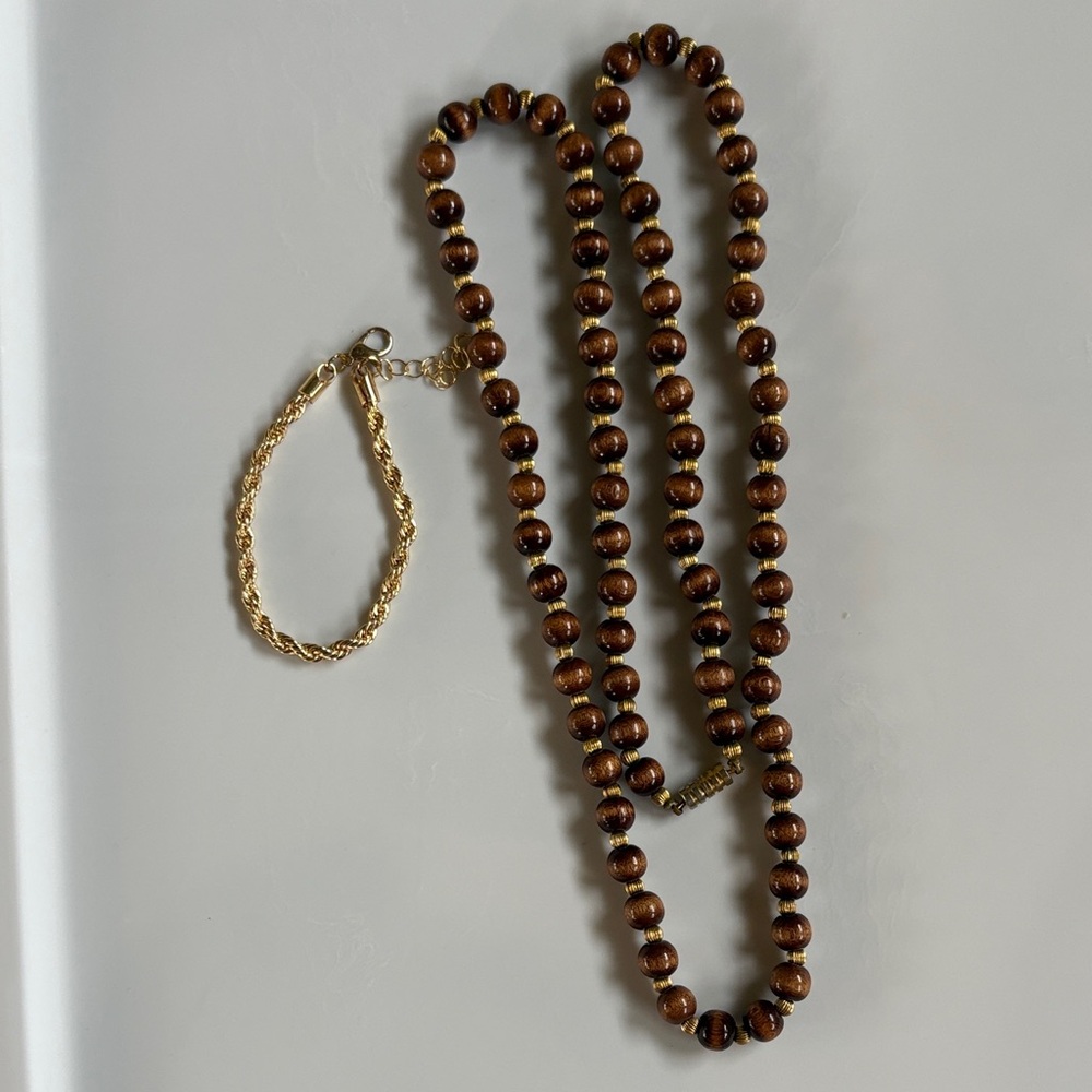 Elegant Brown Beaded Necklace with Gold Accents & gold tone rope bracelet
